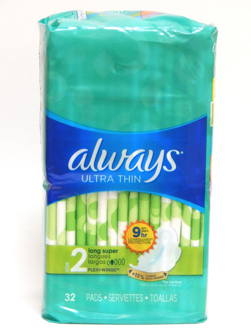 Always Ultra Thin Size 2 Long Super Pads with Wings, Unscented
