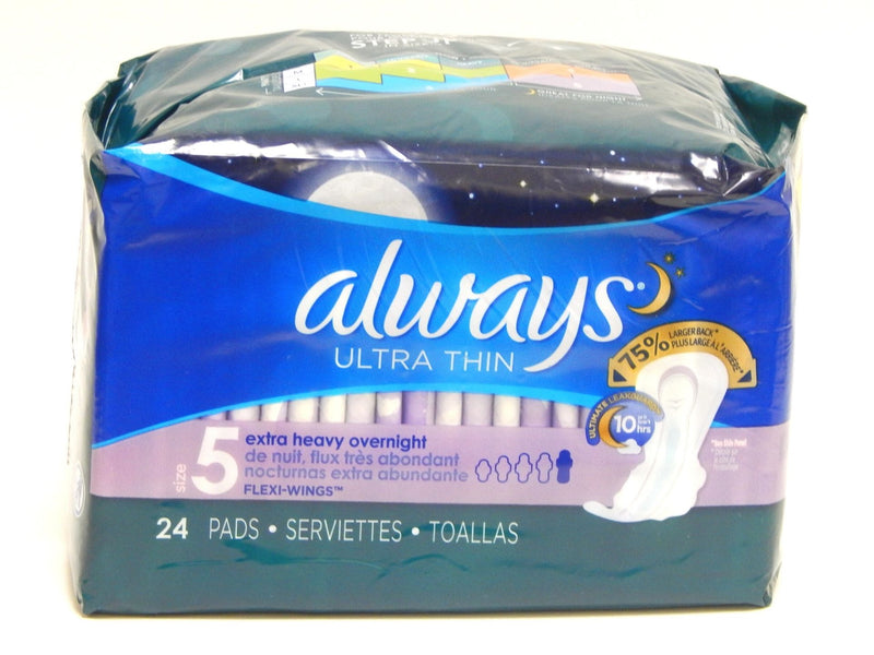 Always Ultra Thin, Size 5, Extra Heavy Overnight Pads with Wings, Unscented