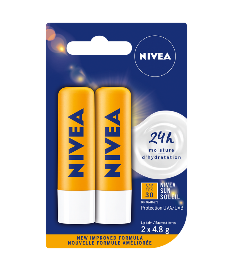 Nivea Sun Caring 24H Moisture Lip Balm SPF 30, Duo Pack